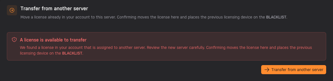 The Account app's transfer card showing an available license move