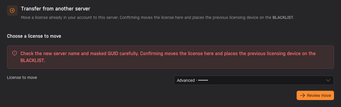The Account app's license transfer card with a license selected and Review move available