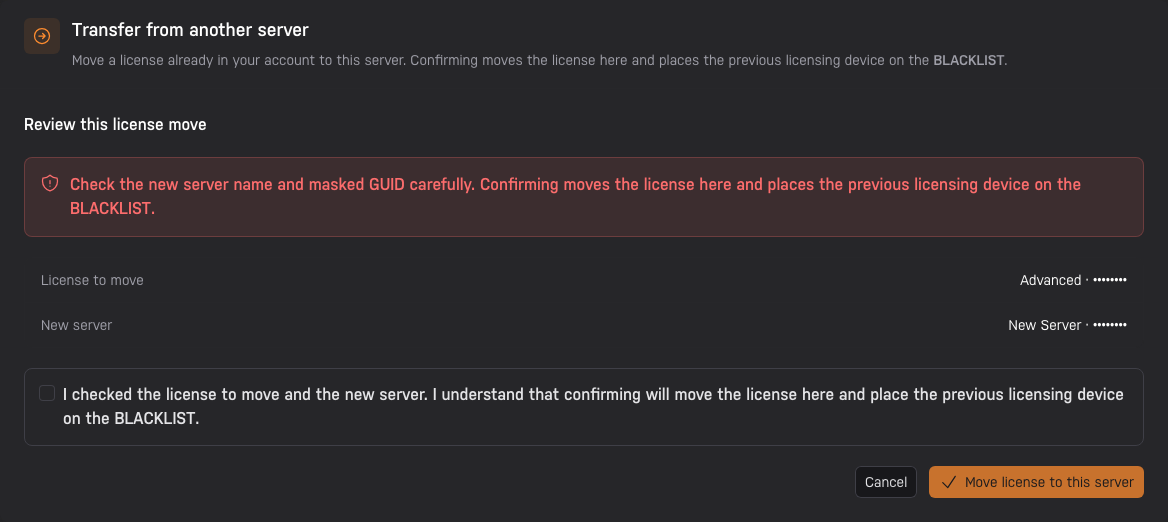 The Account app's license move review showing the source license, new server, and masked GUIDs