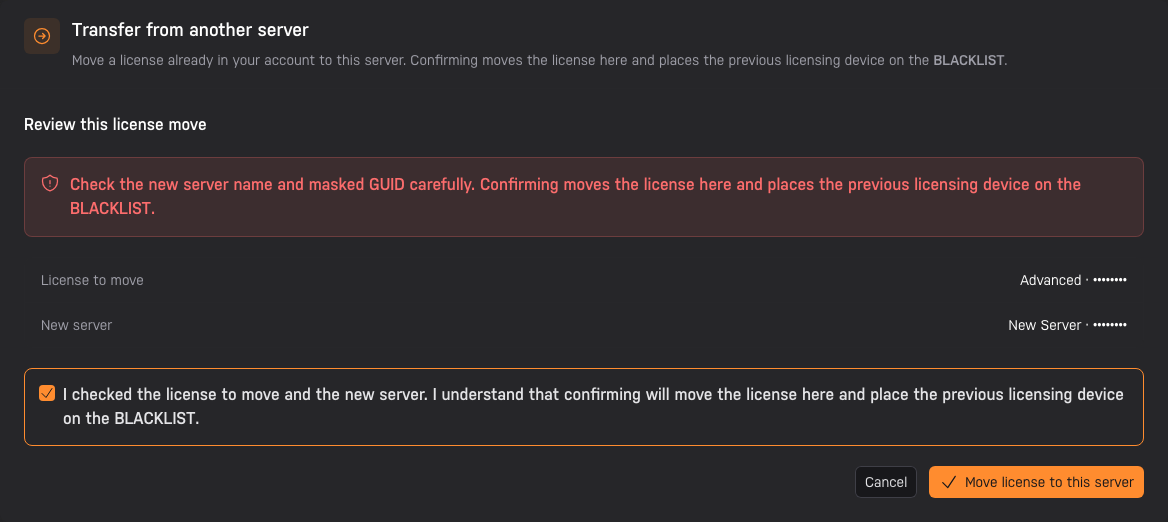 The Account app's license move review after acknowledgement, with Move license to this server available