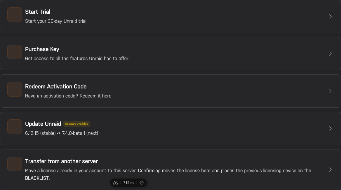The Account app's Available actions list with Transfer from another server at the bottom