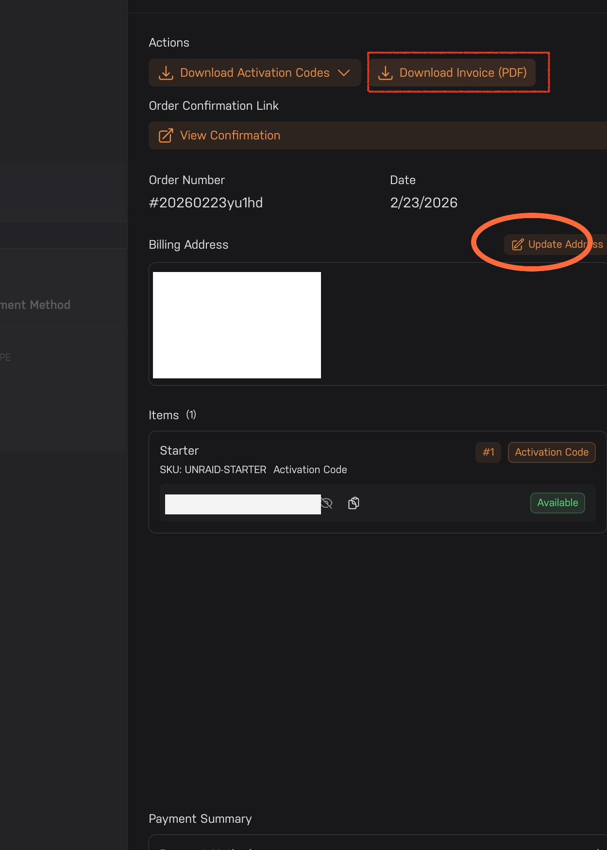住所を更新オプションがある注文詳細ページ